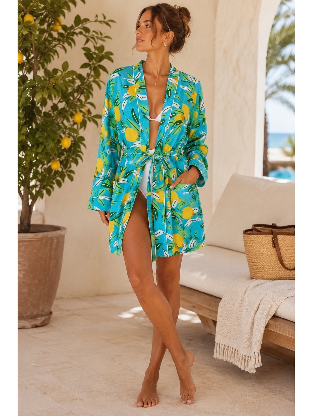 Printfresh Lemon Print Cotton Robe S/M Blue Citrus Botanical Belted